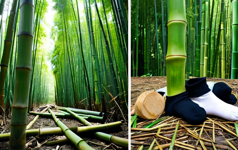 **Prompt:** A split image showcasing the duality of bamboo: On one side, lush green bamboo stalks thriving in a sustainably managed forest; on the other, a pile of cheap bamboo socks next to bottles of harsh-looking chemicals, emphasizing the potential for unsustainable processing.