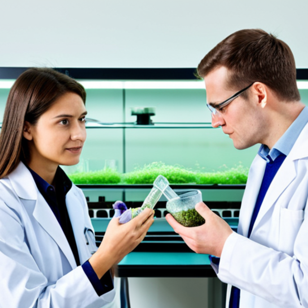 A professional female scientist and a professional male scientist, both fully clothed in modest lab coats and appropriate professional attire, meticulously examining innovative bio-materials in a state-of-the-art biotechnology laboratory. One scientist holds a clear container with growing mycelium, while the other inspects a vial of algae-derived biopolymer. The lab is clean, well-lit, with advanced scientific equipment like microscopes and bioreactors in the background. safe for work, appropriate content, fully clothed, professional, perfect anatomy, correct proportions, natural pose, well-formed hands, proper finger count, natural body proportions, professional photography, high quality, detailed, realistic.