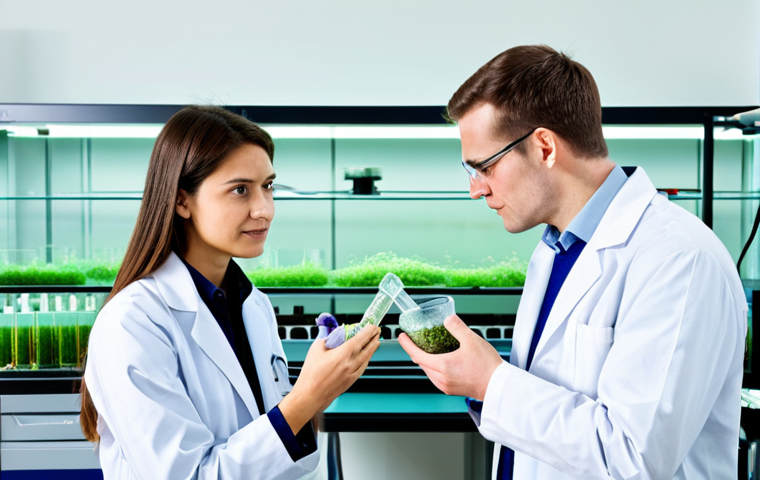 A professional female scientist and a professional male scientist, both fully clothed in modest lab coats and appropriate professional attire, meticulously examining innovative bio-materials in a state-of-the-art biotechnology laboratory. One scientist holds a clear container with growing mycelium, while the other inspects a vial of algae-derived biopolymer. The lab is clean, well-lit, with advanced scientific equipment like microscopes and bioreactors in the background. safe for work, appropriate content, fully clothed, professional, perfect anatomy, correct proportions, natural pose, well-formed hands, proper finger count, natural body proportions, professional photography, high quality, detailed, realistic.