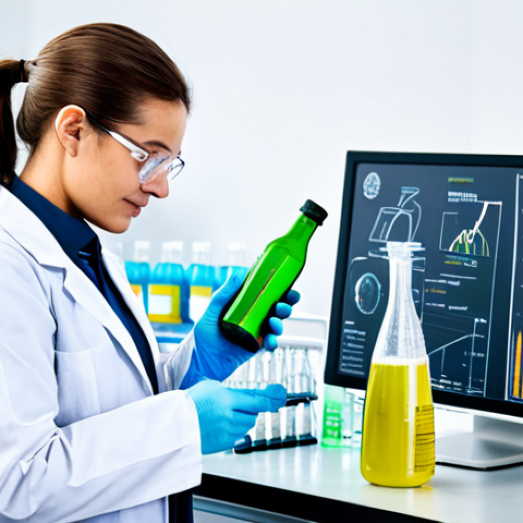 Sustainable Packaging Innovation**
A brightly lit laboratory scene featuring a scientist in a lab coat examining a clear, bio-based bottle (PEF material). The bottle is filled with a sparkling, natural beverage. In the background, there are various pieces of lab equipment and charts displaying material properties. The scene emphasizes the sustainable and innovative nature of bio-based packaging. Fully clothed, appropriate attire, safe for work, perfect anatomy, natural proportions, professional, high quality, environmental focus.
**