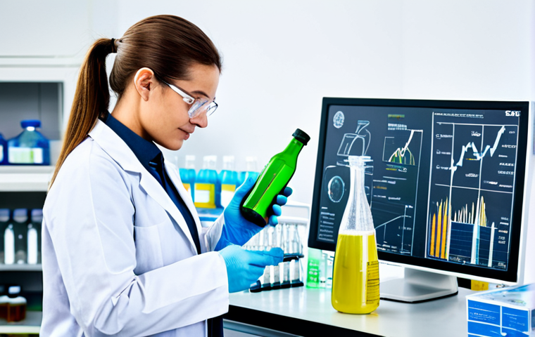 Sustainable Packaging Innovation**
A brightly lit laboratory scene featuring a scientist in a lab coat examining a clear, bio-based bottle (PEF material). The bottle is filled with a sparkling, natural beverage. In the background, there are various pieces of lab equipment and charts displaying material properties. The scene emphasizes the sustainable and innovative nature of bio-based packaging. Fully clothed, appropriate attire, safe for work, perfect anatomy, natural proportions, professional, high quality, environmental focus.
**