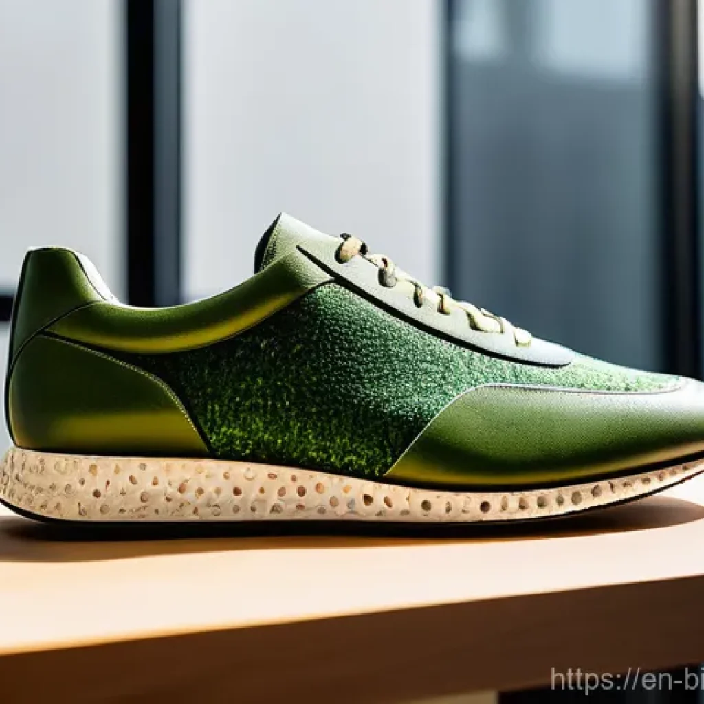 바이오 기반 소재의 상업화 전략 - A close-up shot of a sleek, modern sneaker made with innovative mycelium-based leather and plant-der...