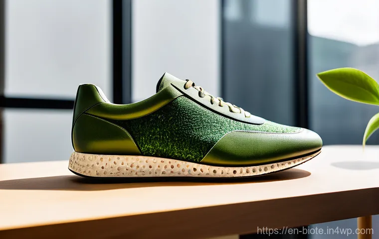 바이오 기반 소재의 상업화 전략 - A close-up shot of a sleek, modern sneaker made with innovative mycelium-based leather and plant-der...