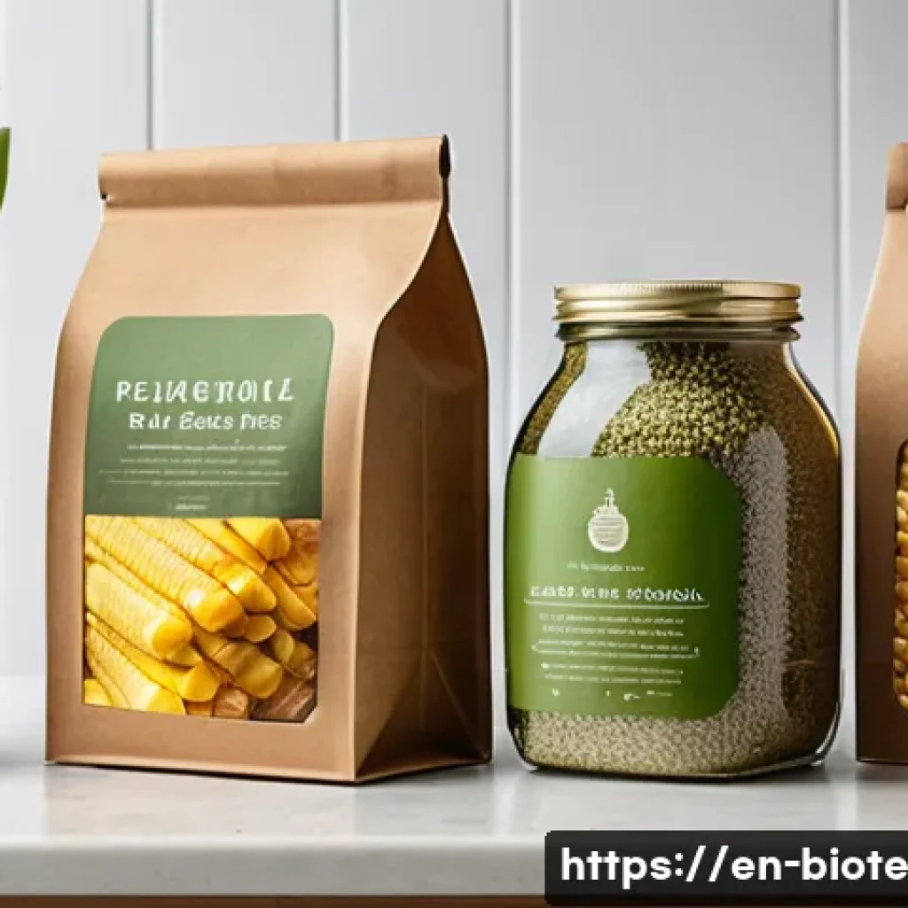바이오 기반 소재의 기술 혁신 사례 - A close-up of biodegradable grocery packaging made from agricultural waste fibers such as straw and ...