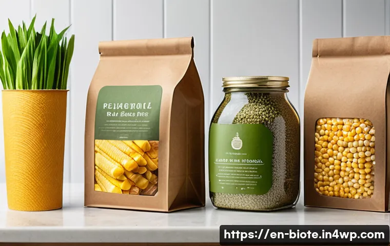 바이오 기반 소재의 기술 혁신 사례 - A close-up of biodegradable grocery packaging made from agricultural waste fibers such as straw and ...